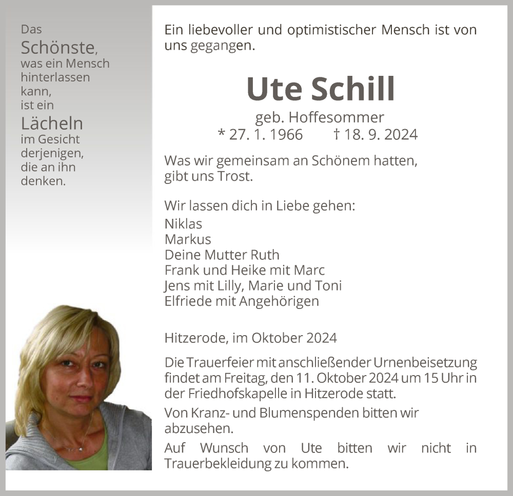  Traueranzeige für Ute Schill vom 05.10.2024 aus WRS