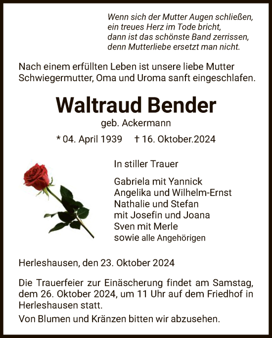 Traueranzeige von Waltraud Bender von WRS