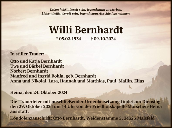 Traueranzeige von Willi Bernhardt von HNAWRS