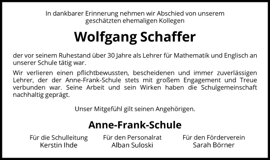 Traueranzeige von Wolfgang Schaffer von WRS