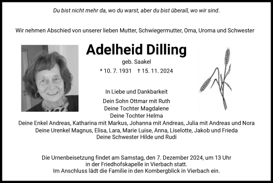 Traueranzeige von Adelheid Dilling von WRS