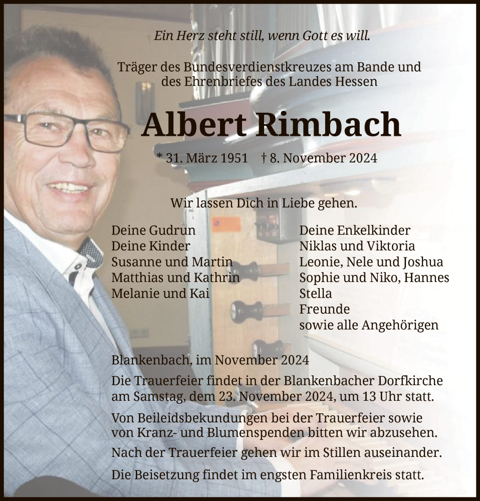  Traueranzeige für Albert Rimbach vom 16.11.2024 aus HNAHNAWRS