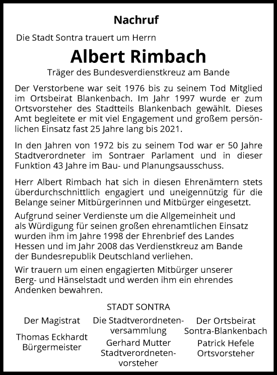 Traueranzeige von Albert Rimbach von WRS