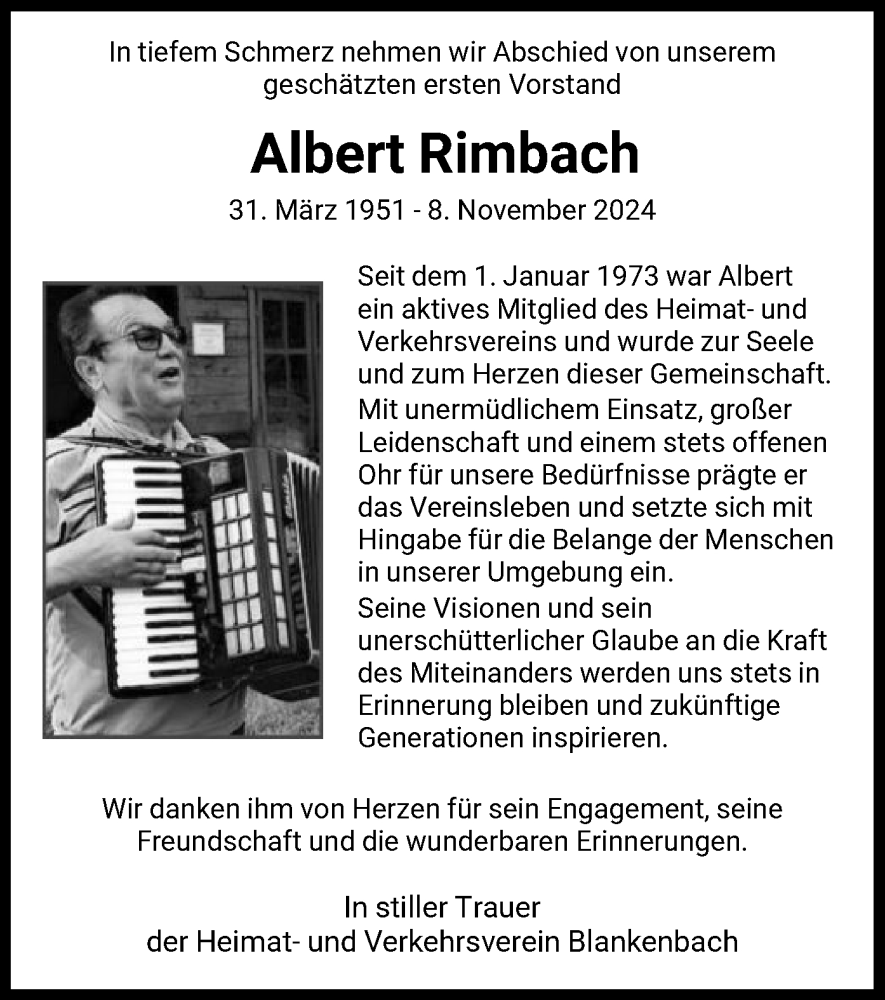  Traueranzeige für Albert Rimbach vom 16.11.2024 aus WRS