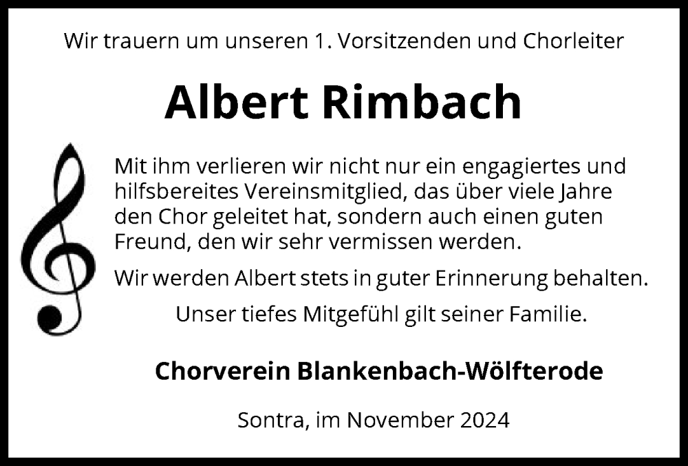  Traueranzeige für Albert Rimbach vom 16.11.2024 aus WRSHNA