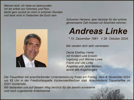 Traueranzeige von Andreas Linke von WRS