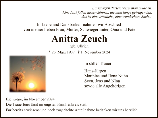 Traueranzeige von Anitta Zeuch von WRS