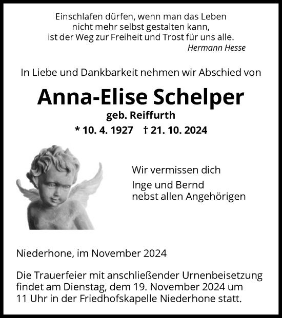 Traueranzeige von Anna-Elise Schelper von WRS