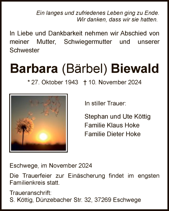 Traueranzeige von Barbara Biewald von WRS