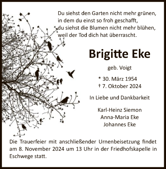 Traueranzeige von Brigitte Eke von WRS