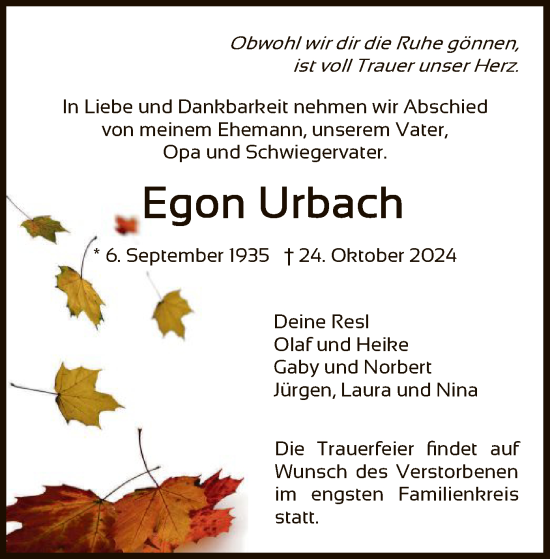 Traueranzeige von Egon Urbach von WRS