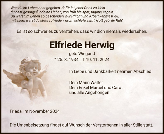 Traueranzeige von Elfriede Herwig von WRS