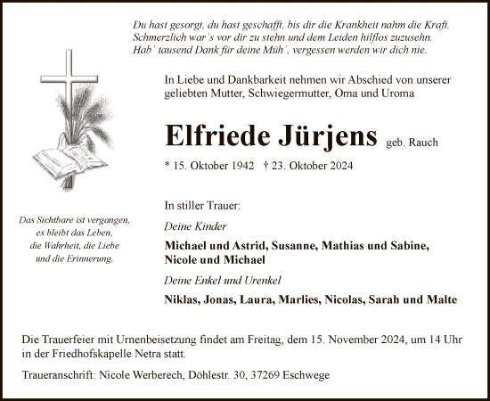 Traueranzeige von Elfriede Jürjens von WRS