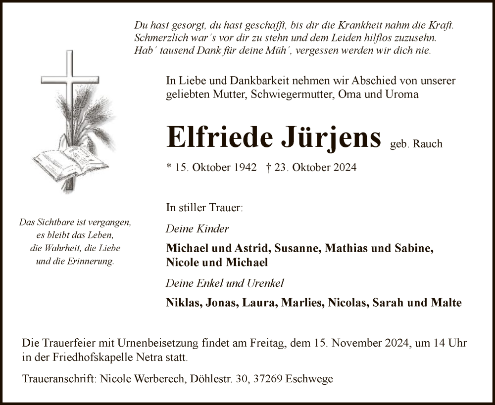  Traueranzeige für Elfriede Jürjens vom 09.11.2024 aus WRS