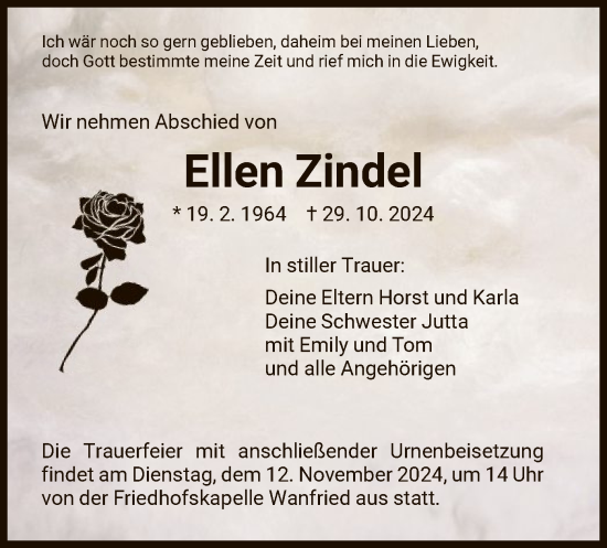 Traueranzeige von Ellen Zindel von WRS