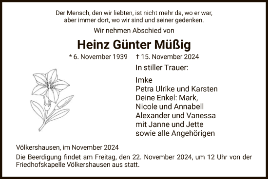 Traueranzeige von Heinz Günter Müßig von WRS