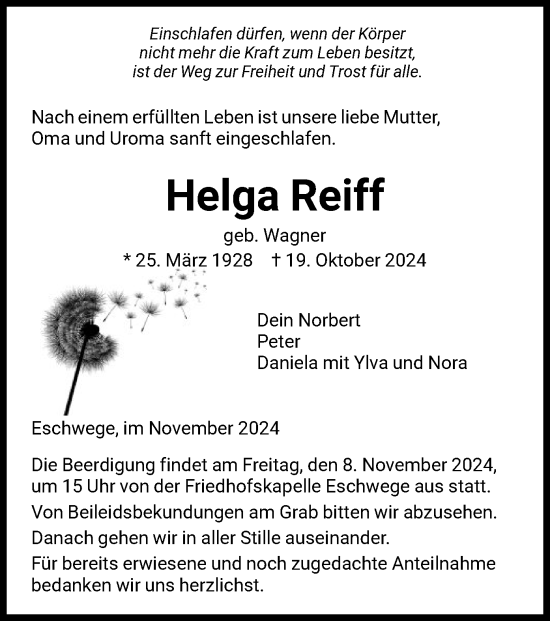 Traueranzeige von Helga Reiff von WRS