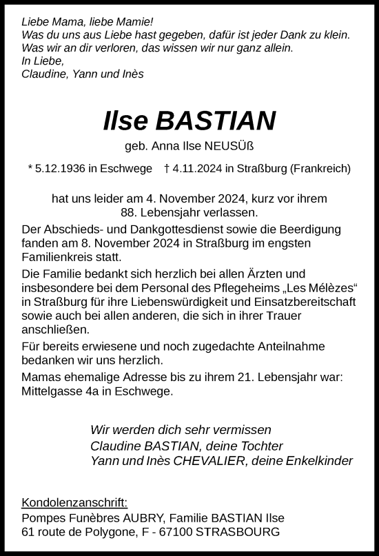 Traueranzeige von Ilse Bastian von WRS