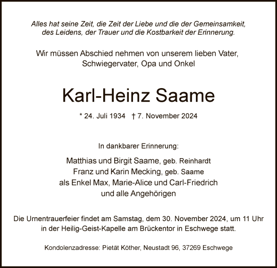 Traueranzeige von Karl-Heinz Saame von WRS