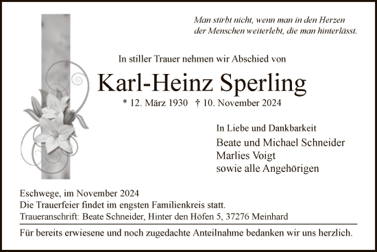 Traueranzeige von Karl-Heinz Sperling von WRS