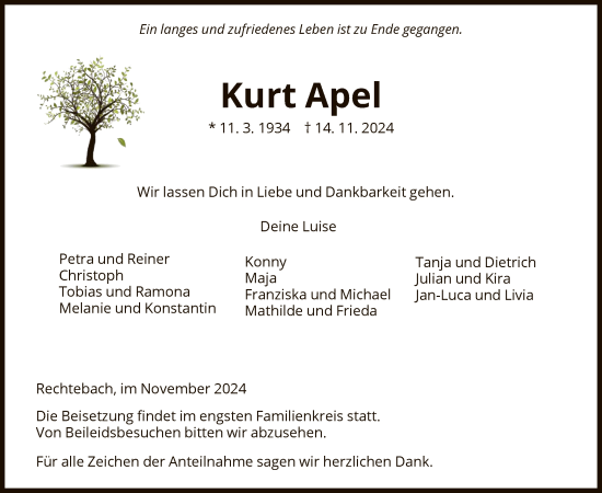 Traueranzeige von Kurt Apel von WRS