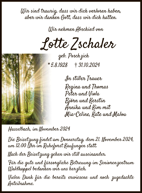 Traueranzeige von Lotte Zschaler von WRS