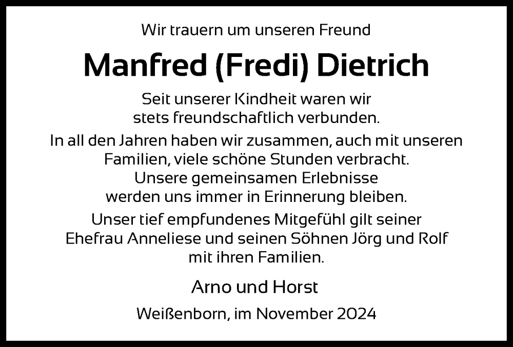  Traueranzeige für Manfred Dietrich vom 16.11.2024 aus WRS