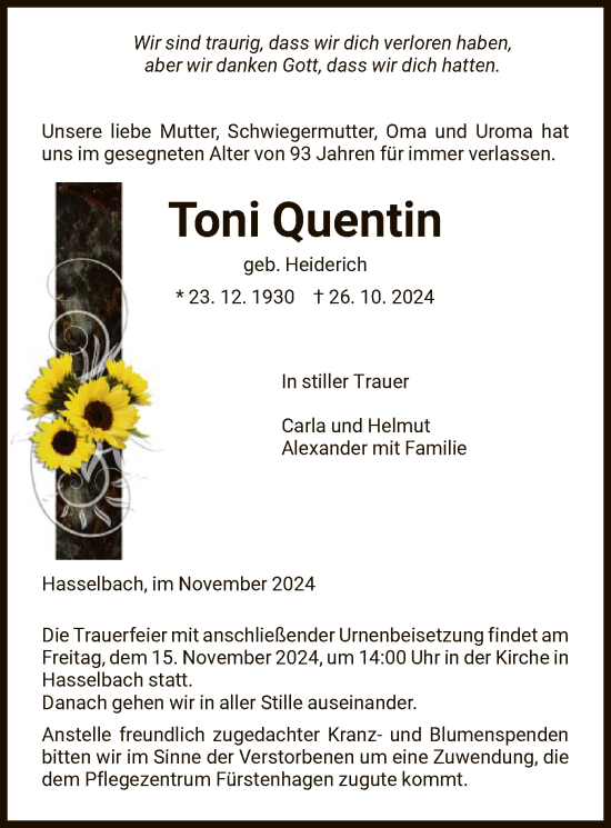 Traueranzeige von Toni Quentin von WRSHNA