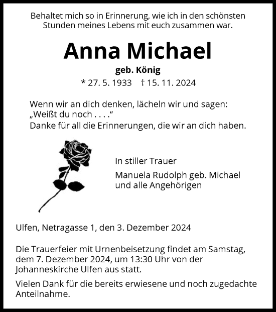 Traueranzeige von Anna Michael von WRS