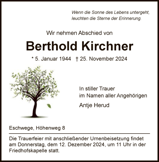 Traueranzeige von Berthold Kirchner von WRS