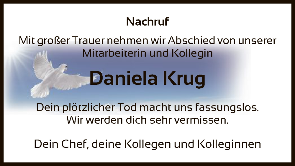  Traueranzeige für Daniela Krug vom 07.12.2024 aus WRS