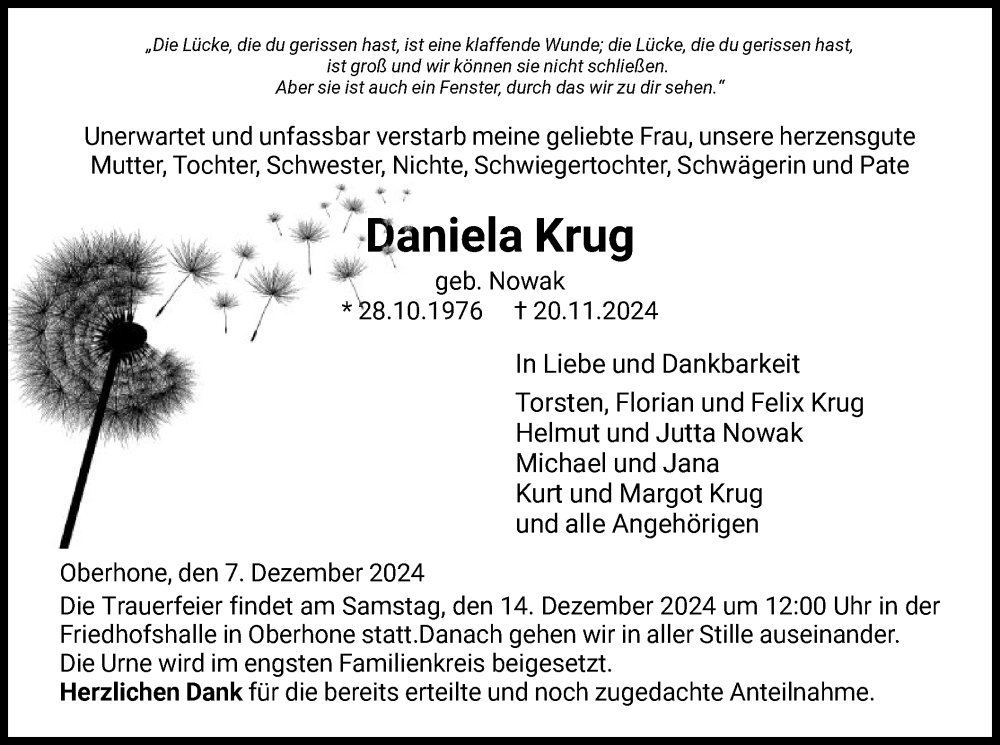  Traueranzeige für Daniela Krug vom 07.12.2024 aus WRS