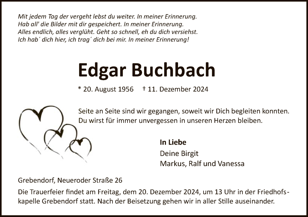  Traueranzeige für Edgar Buchbach vom 18.12.2024 aus WRS