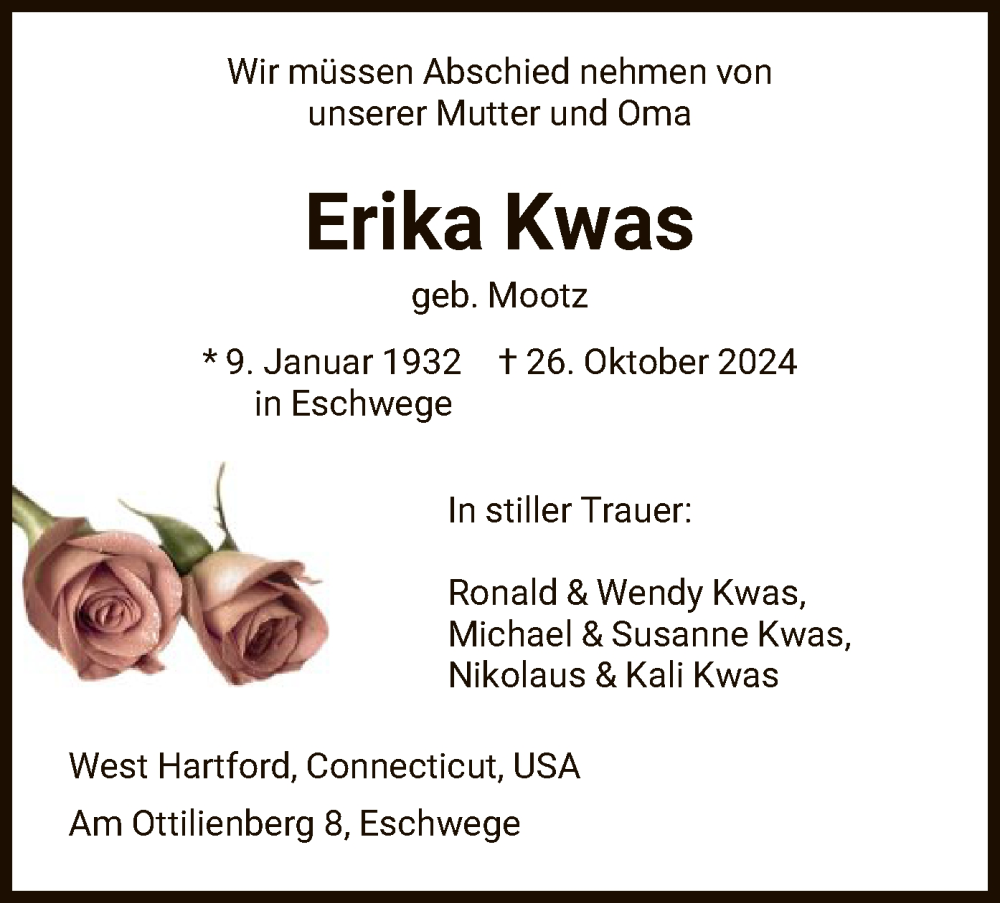  Traueranzeige für Erika Kwas vom 30.11.2024 aus WRS