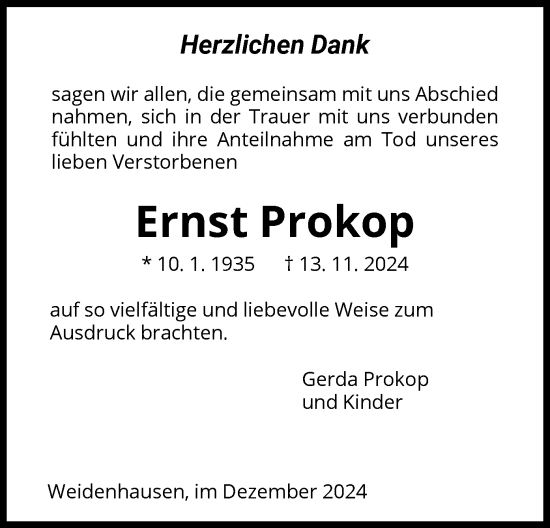 Traueranzeige von Ernst Prokop von WRS