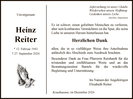 Traueranzeige von Heinz Reiter von HNAWRS