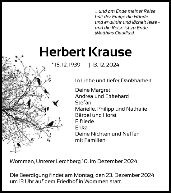 Traueranzeige von Herbert Krause von WRS