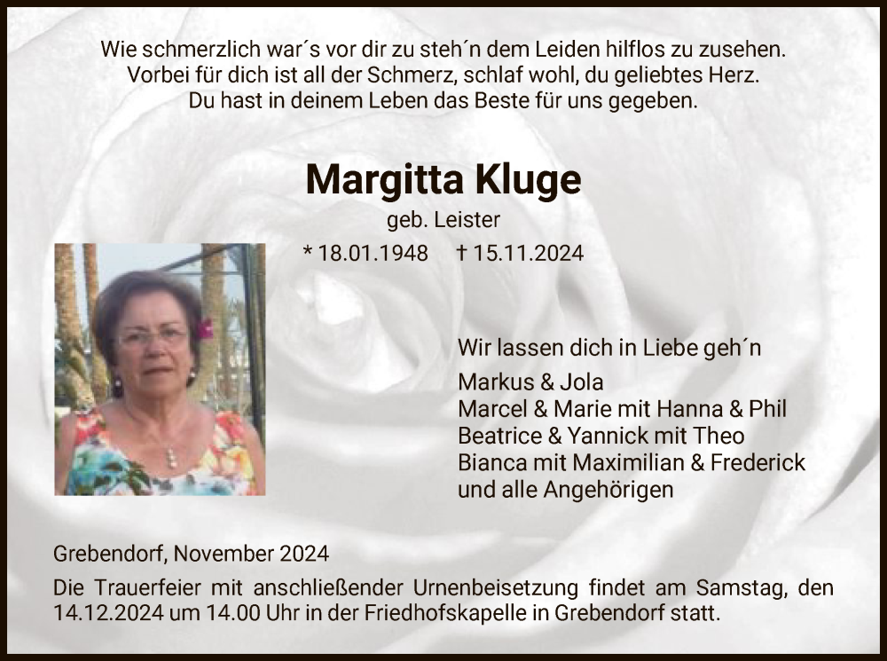  Traueranzeige für Margitta Kluge vom 07.12.2024 aus WRS