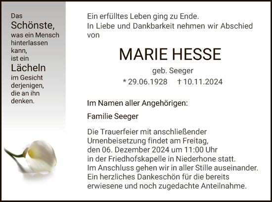 Traueranzeige von Marie Hesse von WRS