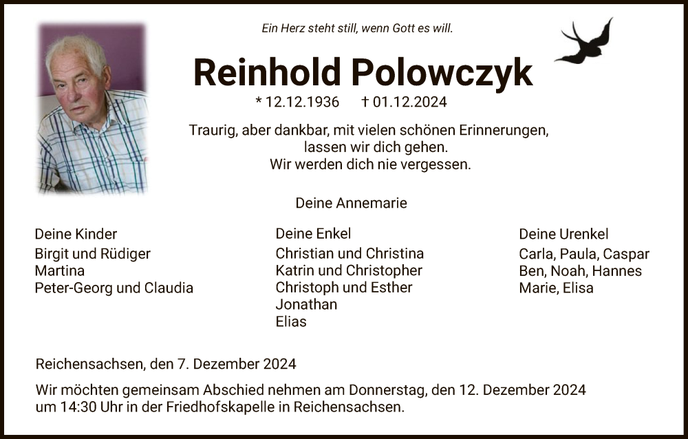  Traueranzeige für Reinhold Polowczyk vom 07.12.2024 aus WRS