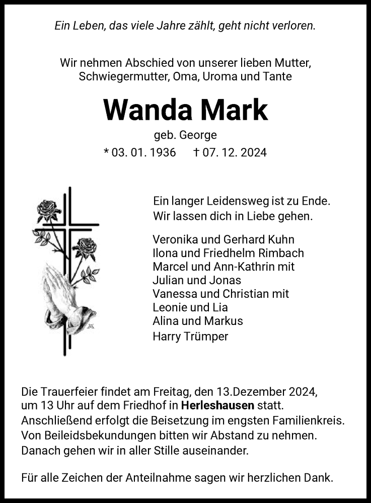  Traueranzeige für Wanda Mark vom 11.12.2024 aus WRS