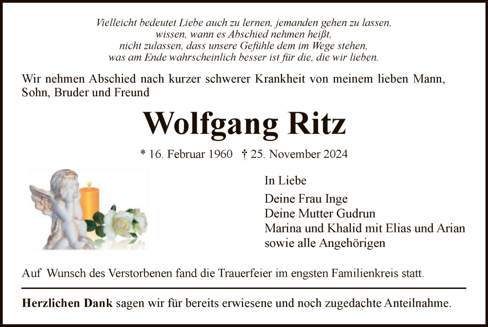  Traueranzeige für Wolfgang Ritz vom 07.12.2024 aus WRS