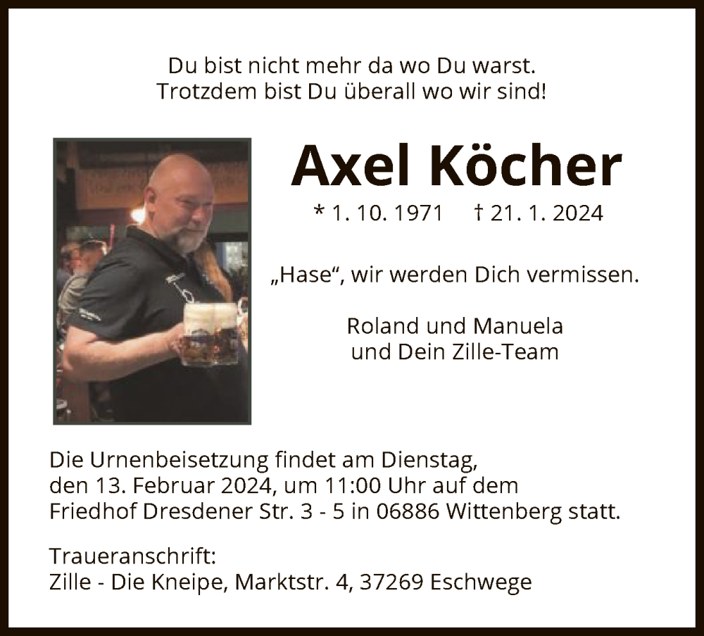  Traueranzeige für Axel Köcher vom 03.02.2024 aus WRS