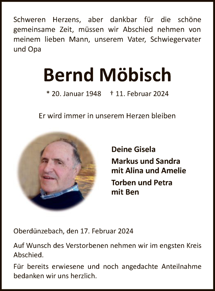  Traueranzeige für Bernd Möbisch vom 17.02.2024 aus WRS