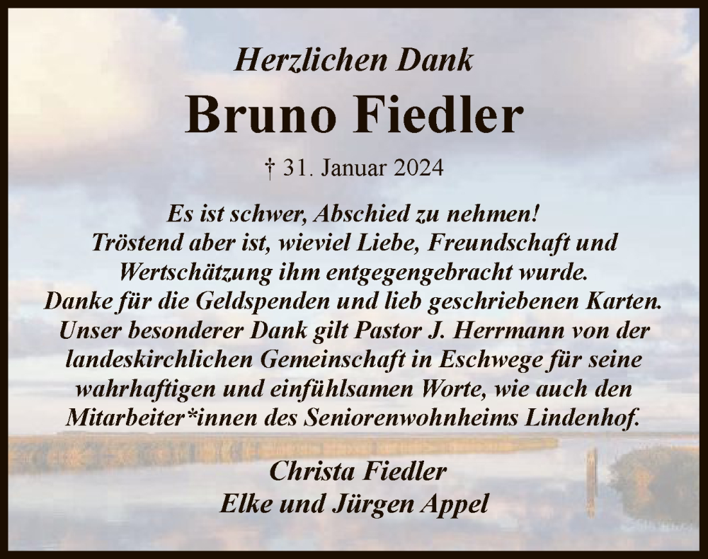  Traueranzeige für Bruno Fiedler vom 17.02.2024 aus WRS