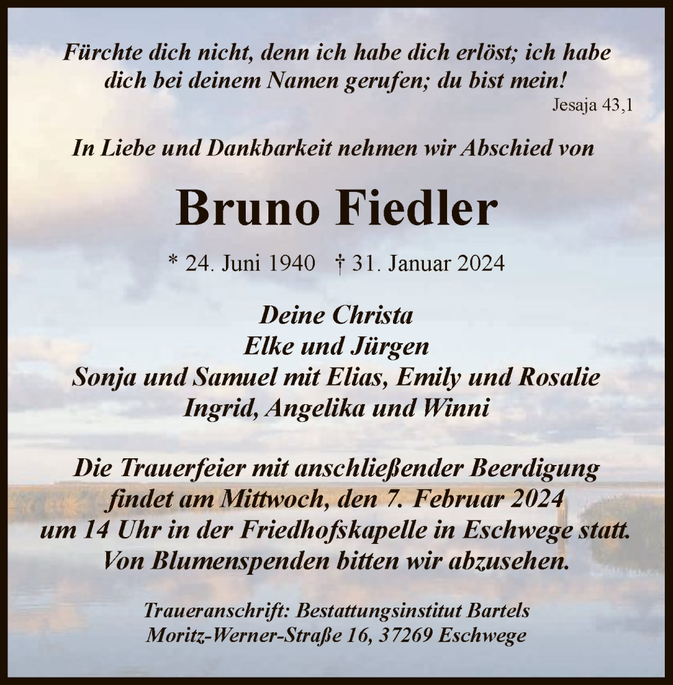  Traueranzeige für Bruno Fiedler vom 03.02.2024 aus WRS