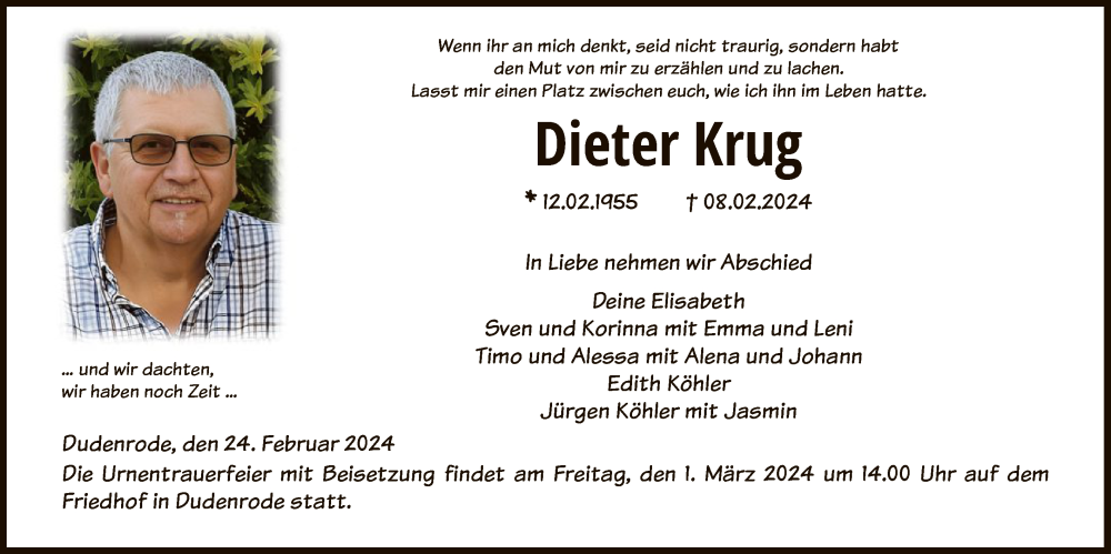  Traueranzeige für Dieter Krug vom 24.02.2024 aus HNAWRS