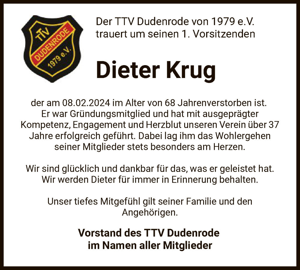  Traueranzeige für Dieter Krug vom 24.02.2024 aus WRS
