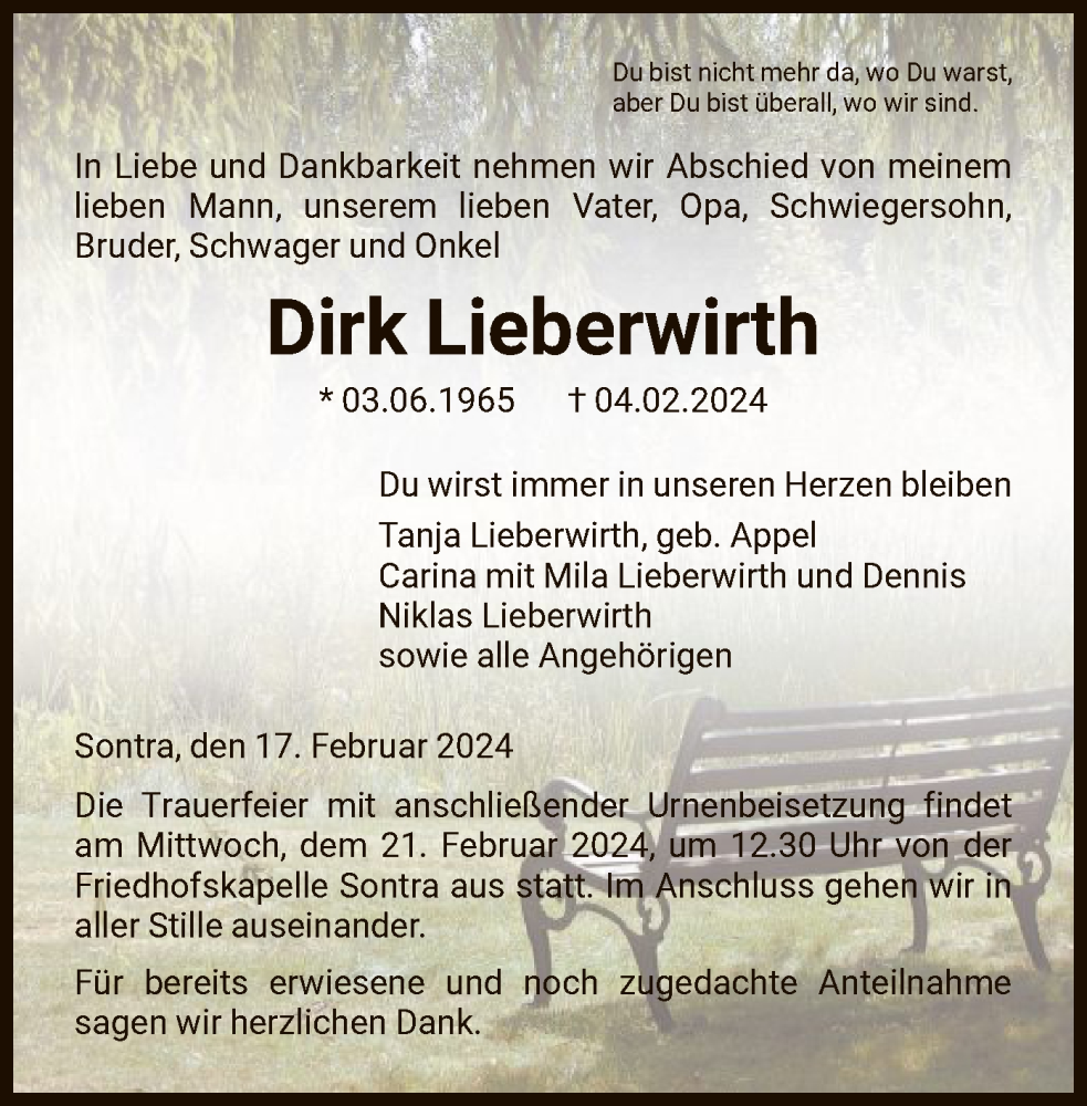  Traueranzeige für Dirk Lieberwirth vom 17.02.2024 aus WRS