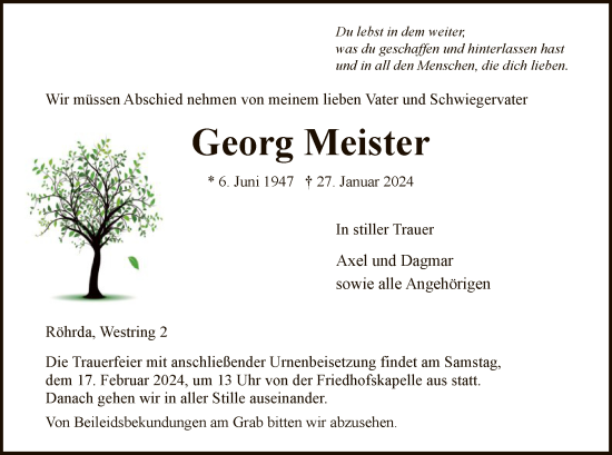 Traueranzeige von Georg Meister von WRS
